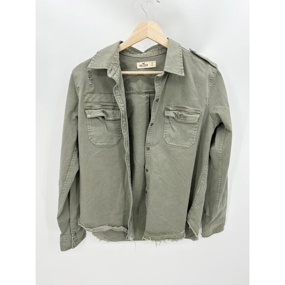 Hollister Olive Green Utility Jacket Button Down Shirt Raw Hem Women Small - Picture 1 of 9